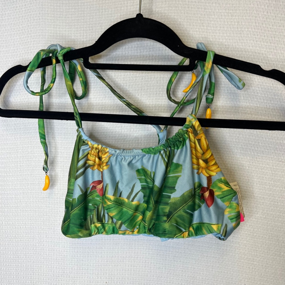 Farm Rio Praia Banana Palm Print Bikini Top Blue Green Large Charm Ties